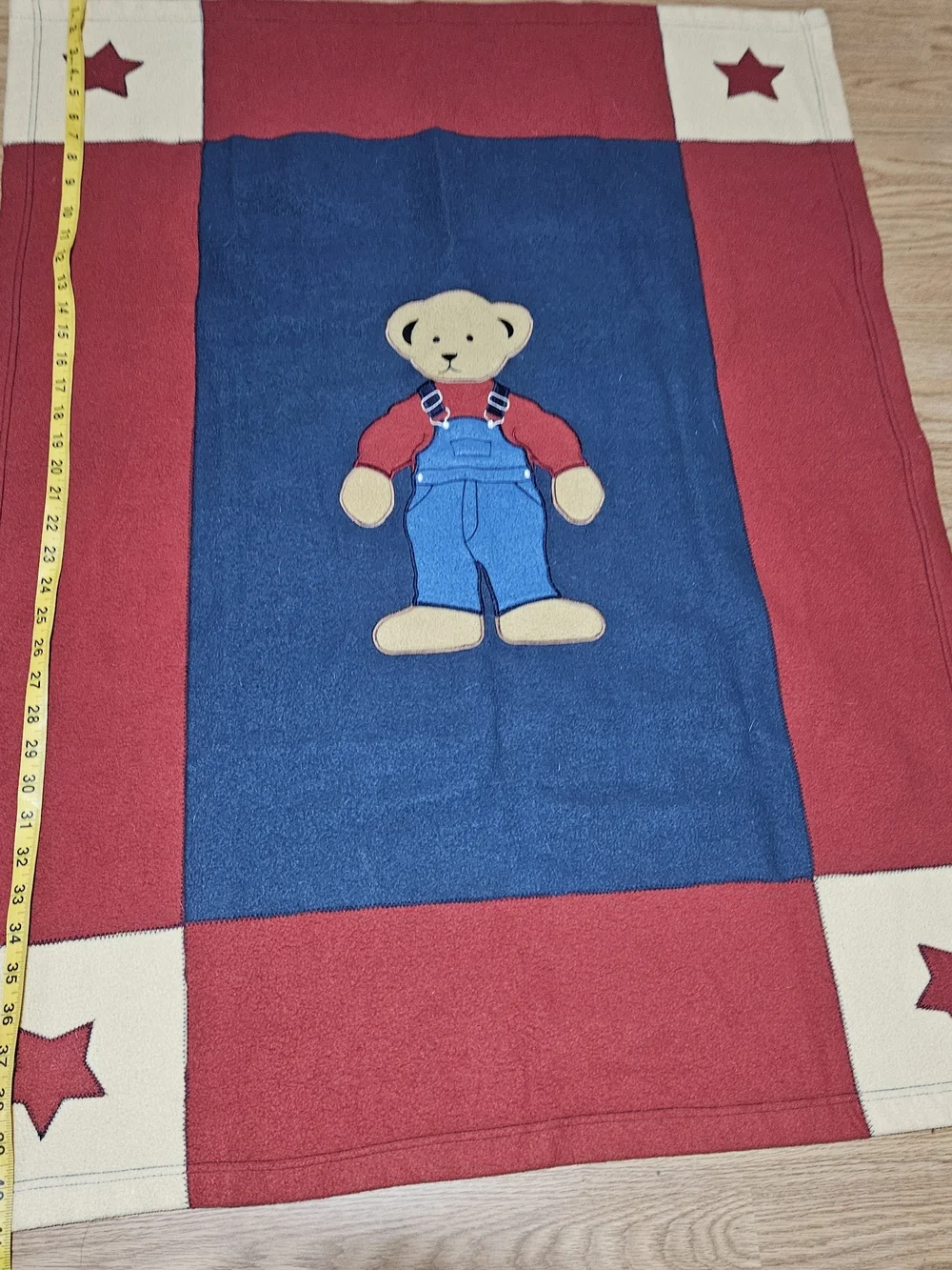 Vintage Blue Jean Teddy Bear Baby Blanket Fleece Red Yellow Blue Stars 32